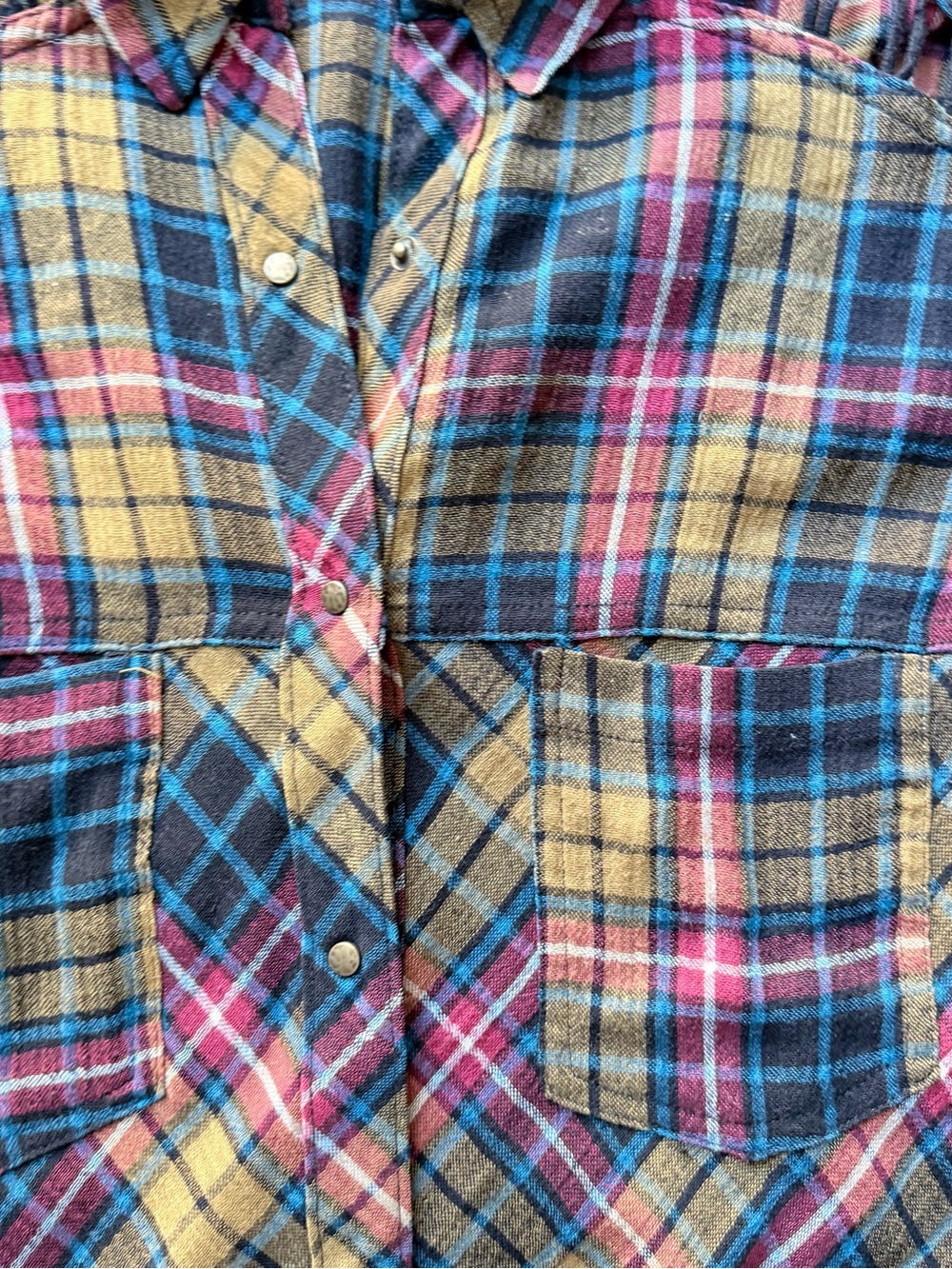 Free People Plaid Western Snap Shirt L Cutout Ladder Stitch Boho Oversized